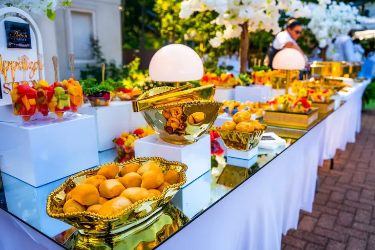 Elegant outdoor buffet with colorful fruit